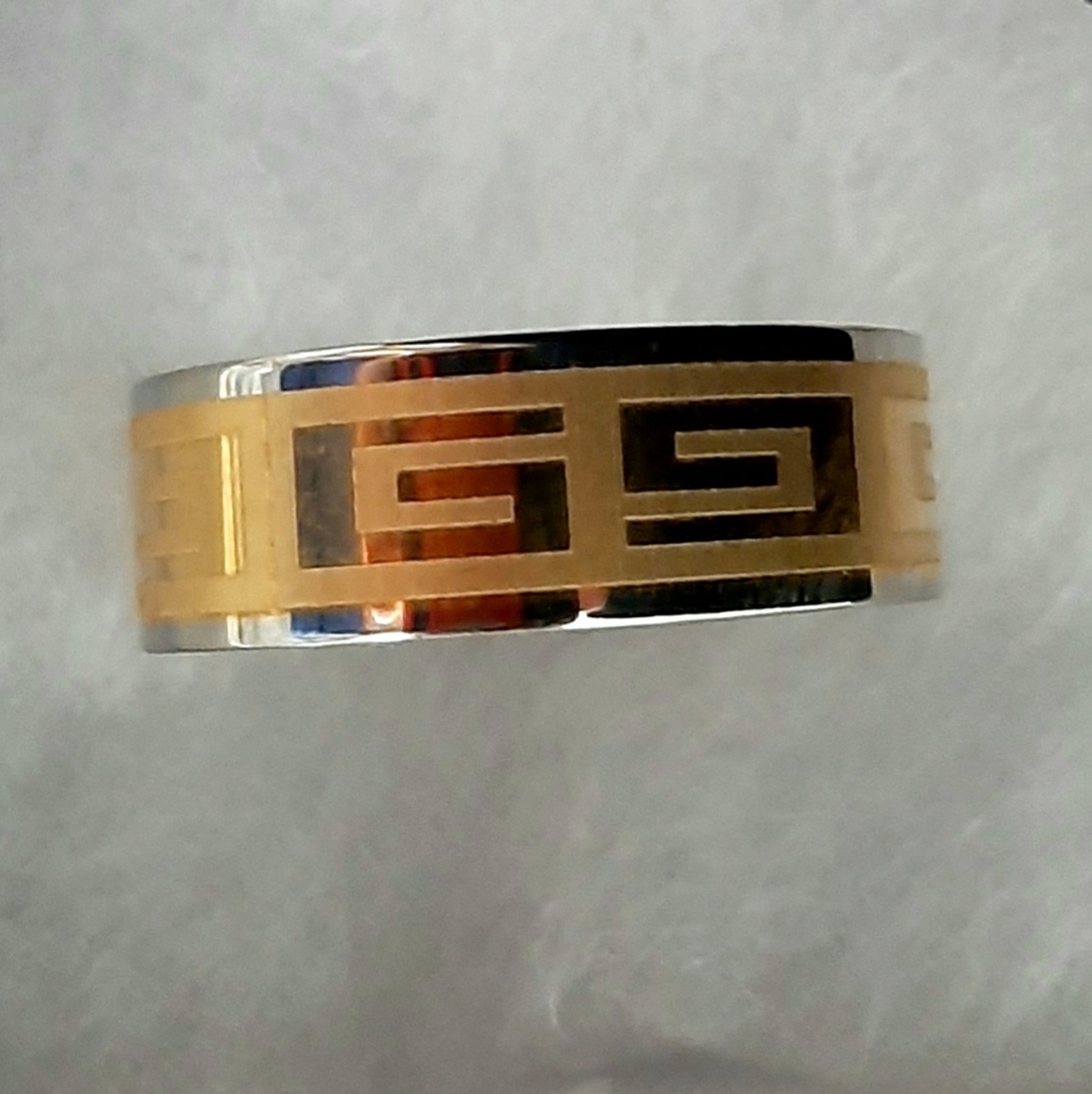 Mens Steel Wedding Band with Gold Greek Key Design